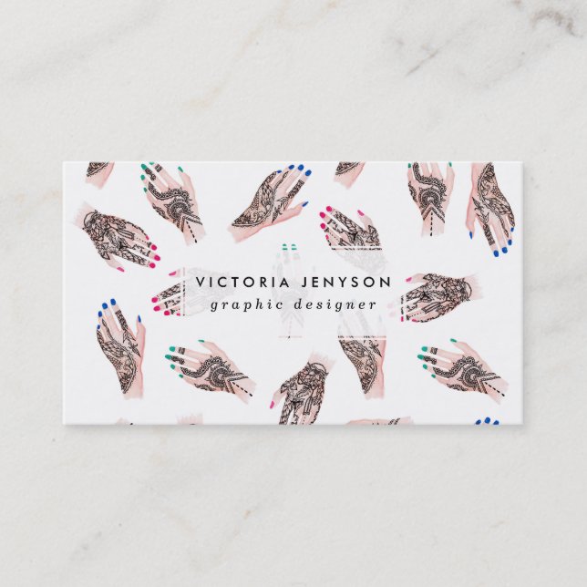 Modern watercolor henna tattooed hands pattern business card (Front)