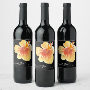 Modern Watercolor Hibiscus Summer Yellow Tropical Wine Label