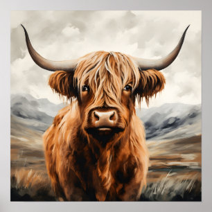 Modern watercolor highland cow poster painting