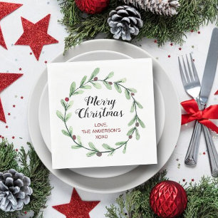 Modern Watercolor Holly Wreath Christmas Napkin