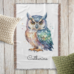 Modern Watercolor Horned Owl Personalized Throw Blanket