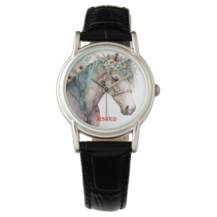 Modern Watercolor Horse and Flowers Name  Watch