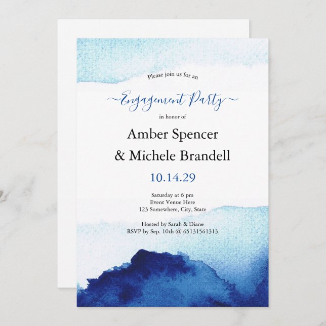 Modern Watercolor Indigo Blue Engagement Party Invitation (Front/Back)