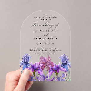 Modern watercolor Iris floral script wedding Acrylic Invitations