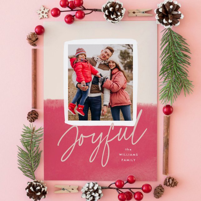 Modern Watercolor Joyful Christmas Photo Holiday Card (Christmas photo card with modern watercolor textured background and joyful script.)