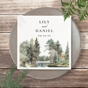 Modern Watercolor Lake Forest Woodland Wedding Napkin