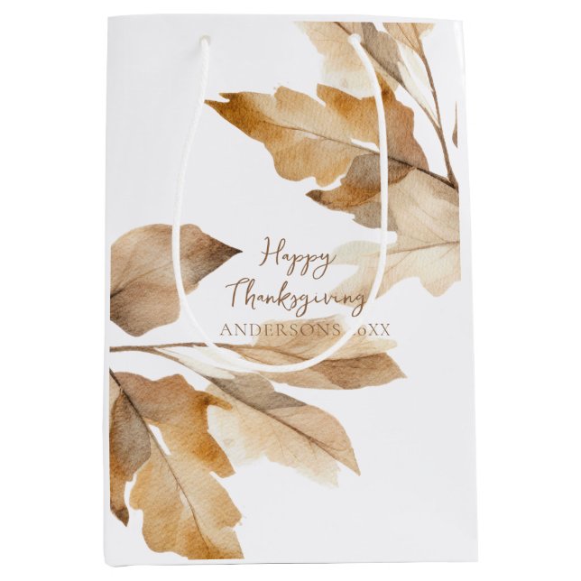 Modern Watercolor Leaf Thanksgiving Medium Gift Bag (Front)