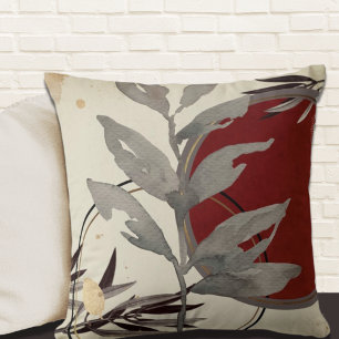 Modern Watercolor Leaves   Burgundy & Cream Cushion