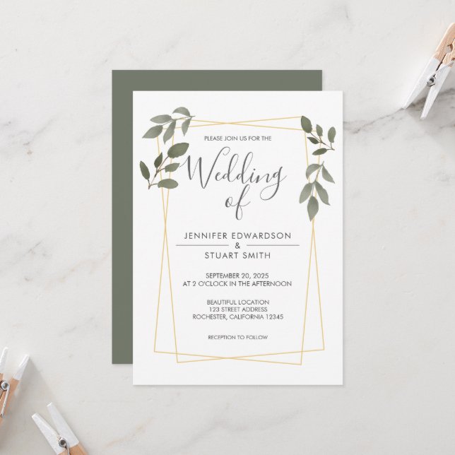 Modern watercolor leaves gold frame Wedding Invitation (Front/Back In Situ)