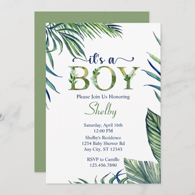 Modern Watercolor Leaves It's A Boy Baby Shower Invitation (Front/Back)
