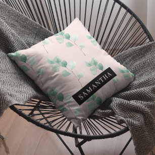 Modern Watercolor Leaves Pattern With Name Cushion