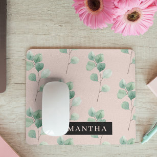 Modern Watercolor Leaves Pattern With Name Mouse Pad