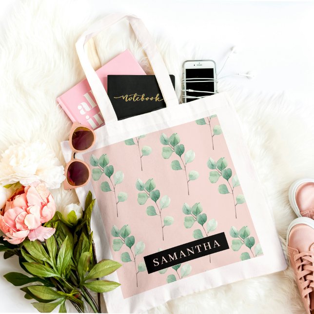 Modern Watercolor Leaves Pattern With Name Tote Bag (Creator Uploaded)