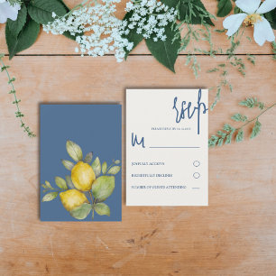 Modern Watercolor Lemon Blue & Yellow Wedding RSVP Card