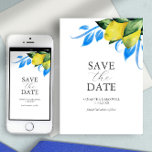Modern Watercolor Lemon Mediterranean Save The Date<br><div class="desc">Announce your engagement with this modern save the date card. It features a mix of classic and script typography with a boarder of my original watercolor yellow lemons with blue embellishments on a crisp white background. Use the template fields to personalise with your name and wedding date. Choose from a...</div>