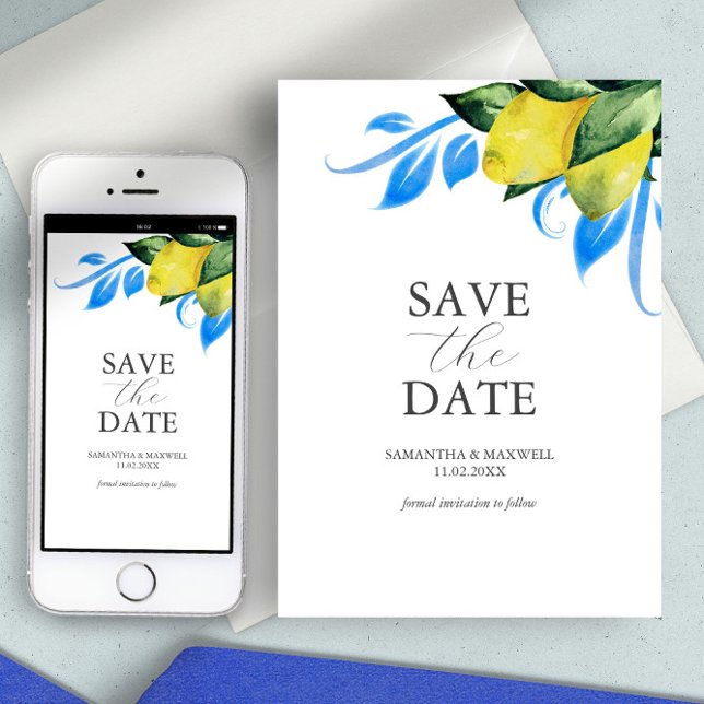 Modern Watercolor Lemon Mediterranean Save The Date (save the date invitation Italian wedding watercolor lemons blue and yellow tuscan theme Greek)