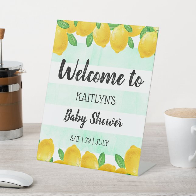 Modern Watercolor Lemon Tree Baby Shower Welcome Pedestal Sign (In SItu)
