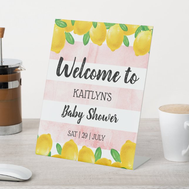 Modern Watercolor Lemon Tree Baby Shower Welcome Pedestal Sign (In SItu)