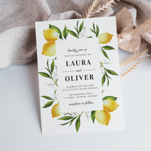 modern watercolor lemons greenery wedding invitation