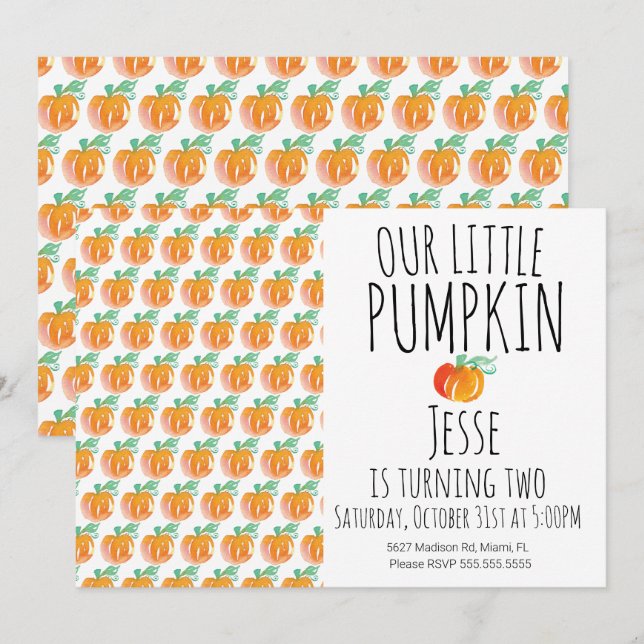 Modern Watercolor Little Halloween Pumpkin Invitation (Front/Back)