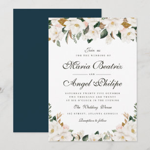 Modern watercolor magnolia floral wedding invitation
