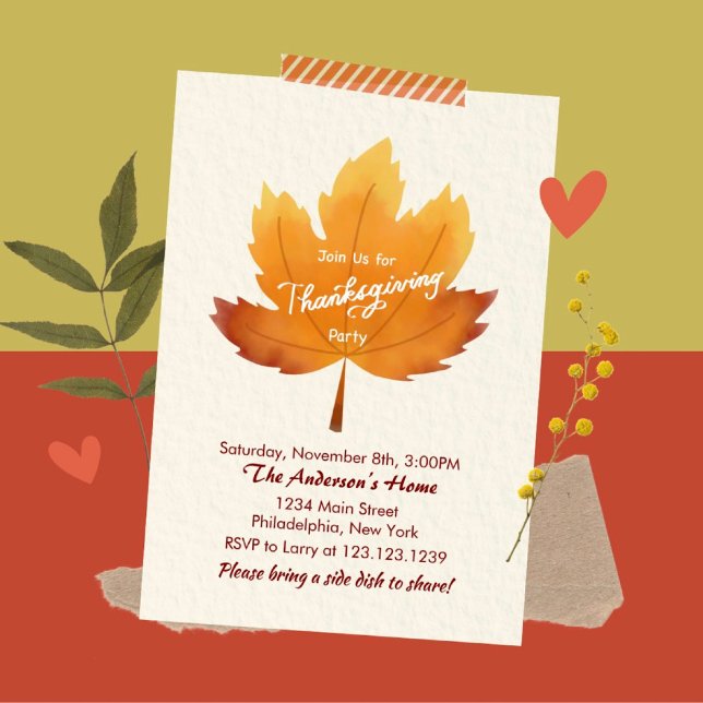 Modern Watercolor Maple Thanksgiving Party Invi Invitation (Creator Uploaded)