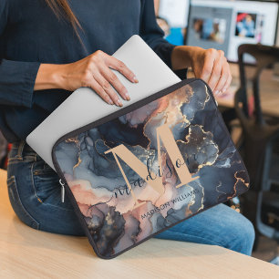 Modern Watercolor Marble Pink Blue Gold Monogram Laptop Sleeve