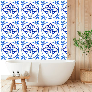Modern Watercolor Mediterranean Blue Tile Wallpaper