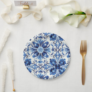 Modern Watercolor Mediterranean  Blue Tiles  Paper Plate