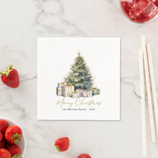 Modern Watercolor Merry Christmas Tree  Napkin