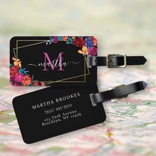 Modern Watercolor Mexican Fiesta Flower Black Luggage Tag