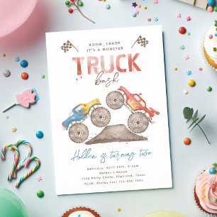 Modern Watercolor Monster Truck Birthday Invitation