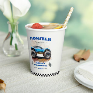 Modern Watercolor Monster Truck Blue Boy Birthday Paper Cups