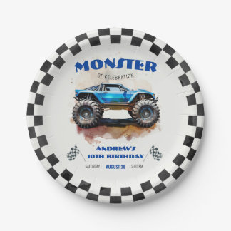 Modern Watercolor Monster Truck Blue Boy Birthday  Paper Plate