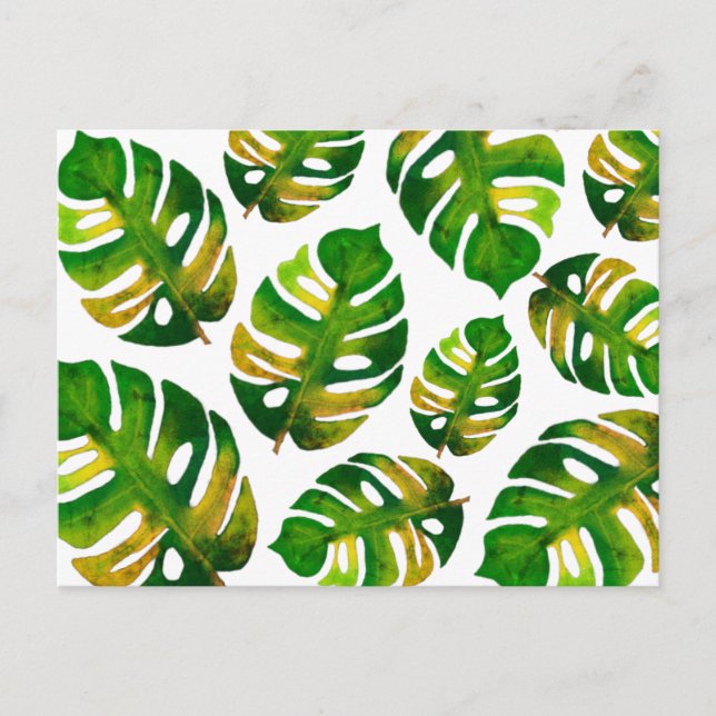 Modern Watercolor Monstera Greenery Leaf Pattern Postcard (Front)