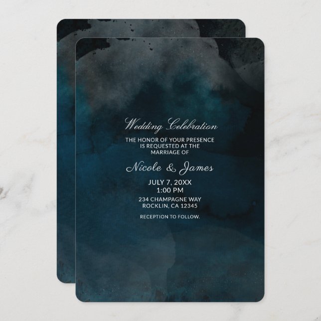 Modern Watercolor Moody Blue Chic Wedding Invitation (Front/Back)