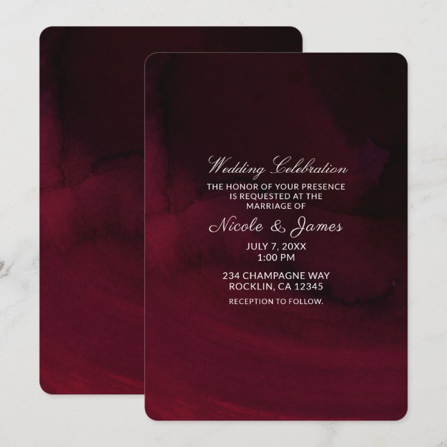 Modern Watercolor Moody Maroon Burgundy Wedding Invitation (Front/Back)