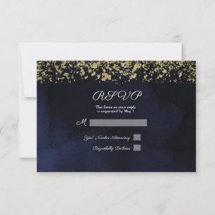 Modern Watercolor Moody Navy Blue Gold Reply RSVP Card
