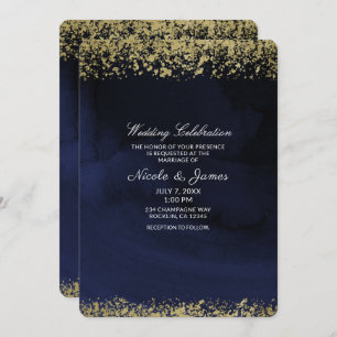 Modern Watercolor Moody Navy Blue & Gold Wedding Invitation