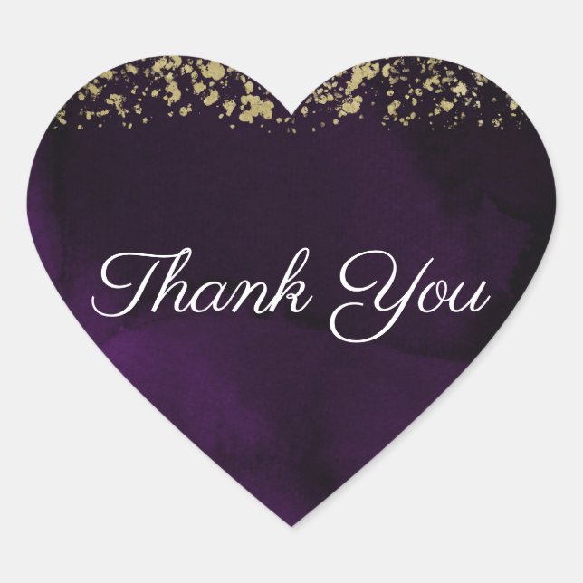 Modern Watercolor Moody Royal Purple Gold Wedding Heart Sticker (Front)