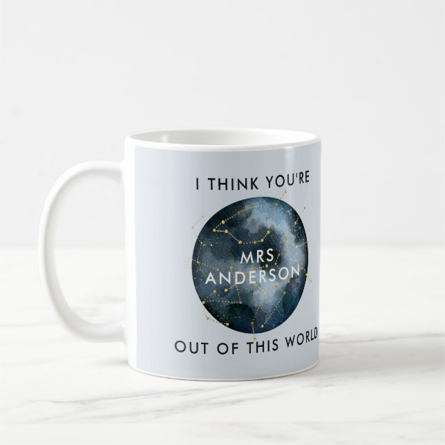 Modern watercolor moon star celestial teacher coffee mug (Left)