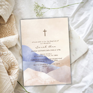 Modern Watercolor Mountain Abstract Cross Baptism Invitation