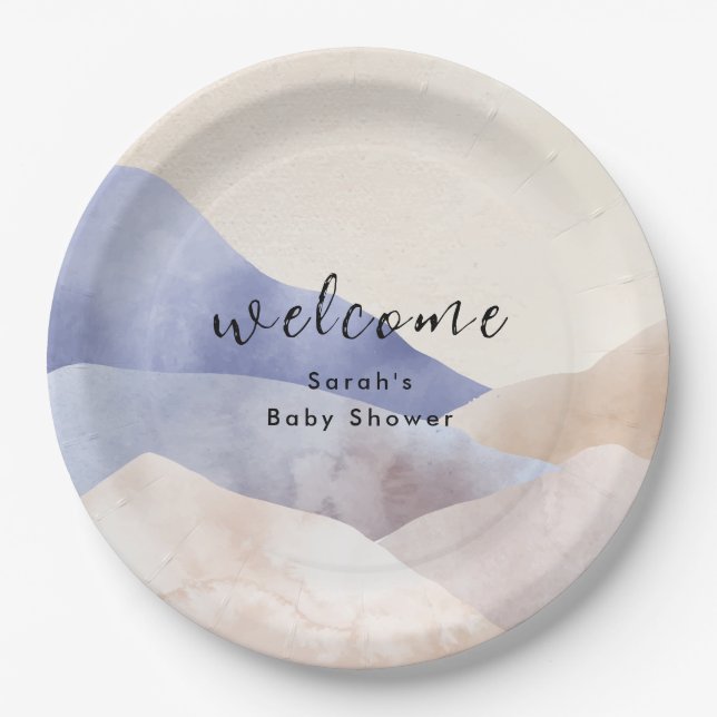 Modern Watercolor Mountain Baby Shower Welcome Paper Plate (Front)