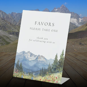 Modern Watercolor Mountain Floral Wedding Favours Pedestal Sign
