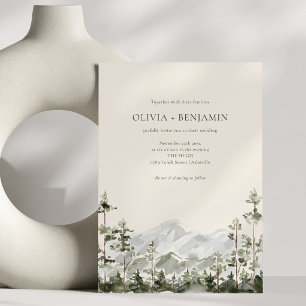 Modern Watercolor Mountain Forest Wedding Green Invitation