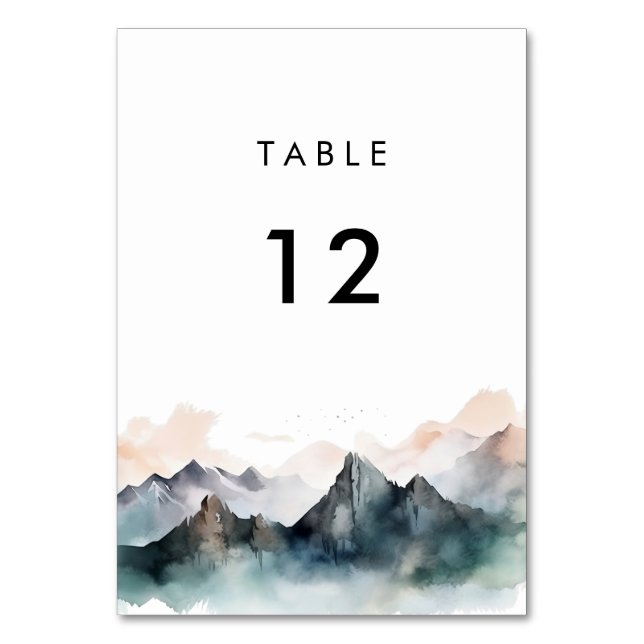 Modern Watercolor Mountain Landscape Wedding Table Number (Front)