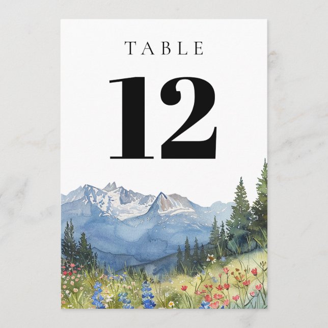 Modern Watercolor Mountain Wildflower Table Number (Front)