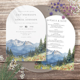 Modern Watercolor Mountain Wildflower Wedding Arch Invitation