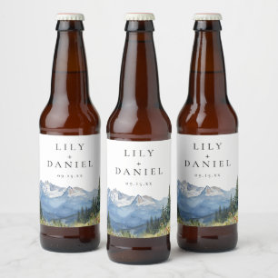 Modern Watercolor Mountain Wildflower Wedding Beer Bottle Label