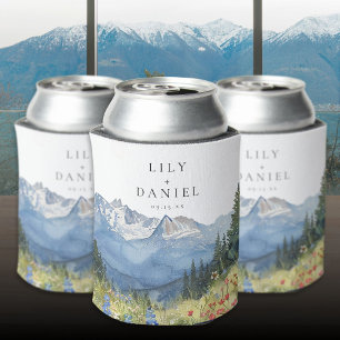 Modern Watercolor Mountain Wildflower Wedding Can Cooler